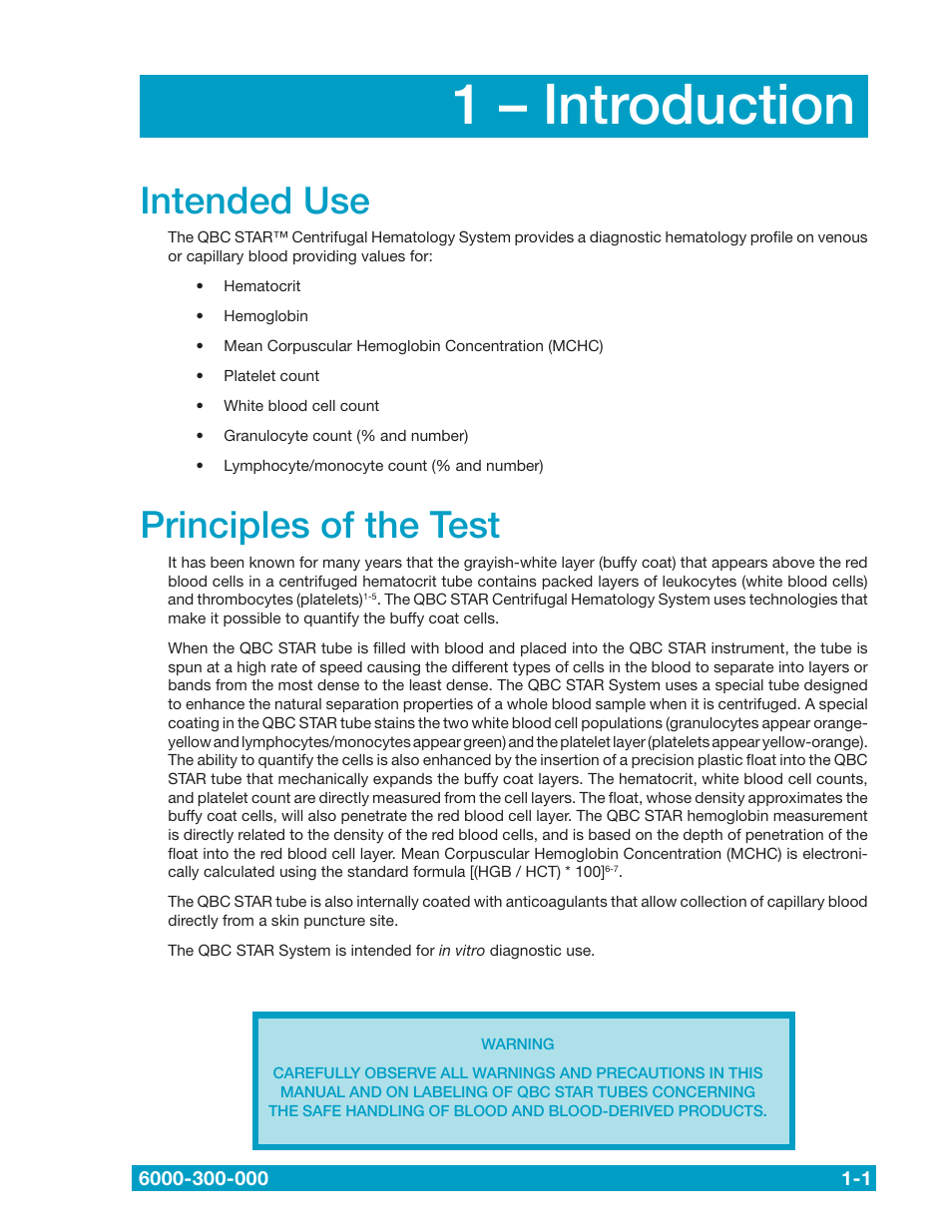 1 – introduction, Intended use, Principles of the test | Drucker Diagnostics QBC STAR Dry Hematology Analyzer User Manual | Page 7 / 89