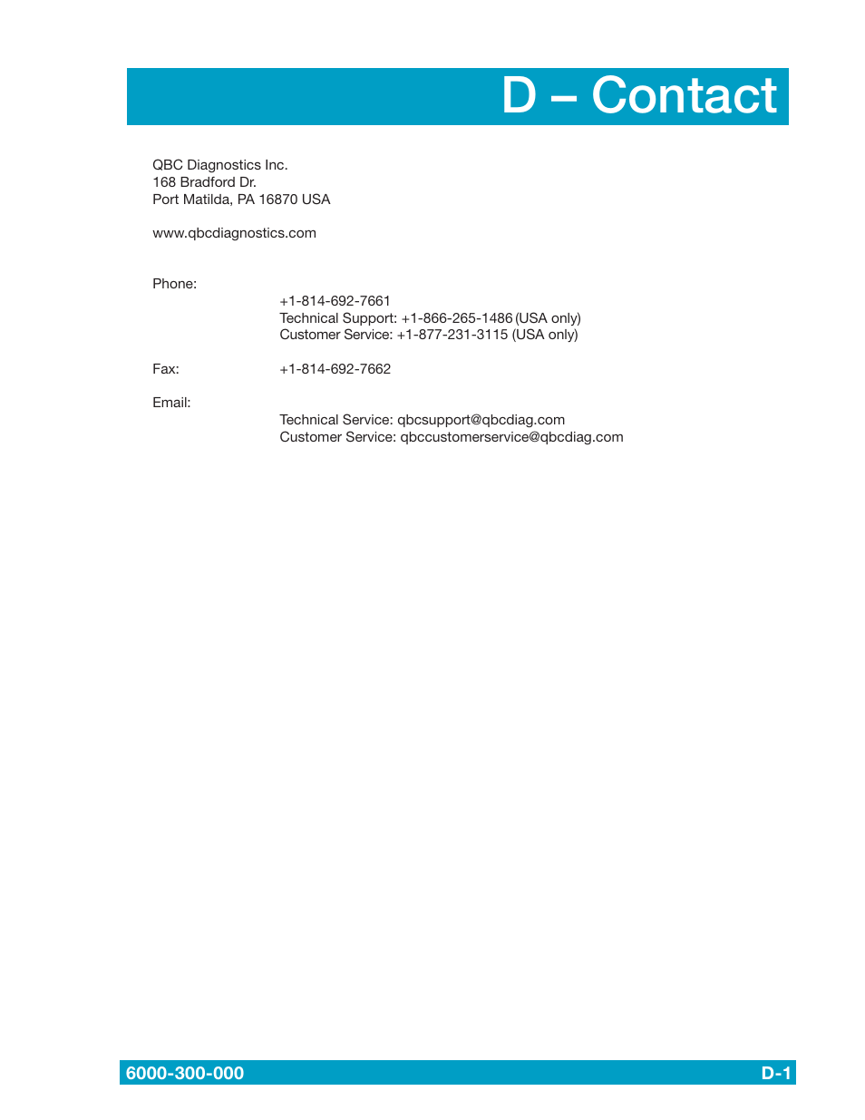 D – contact | Drucker Diagnostics QBC STAR Dry Hematology Analyzer User Manual | Page 79 / 89