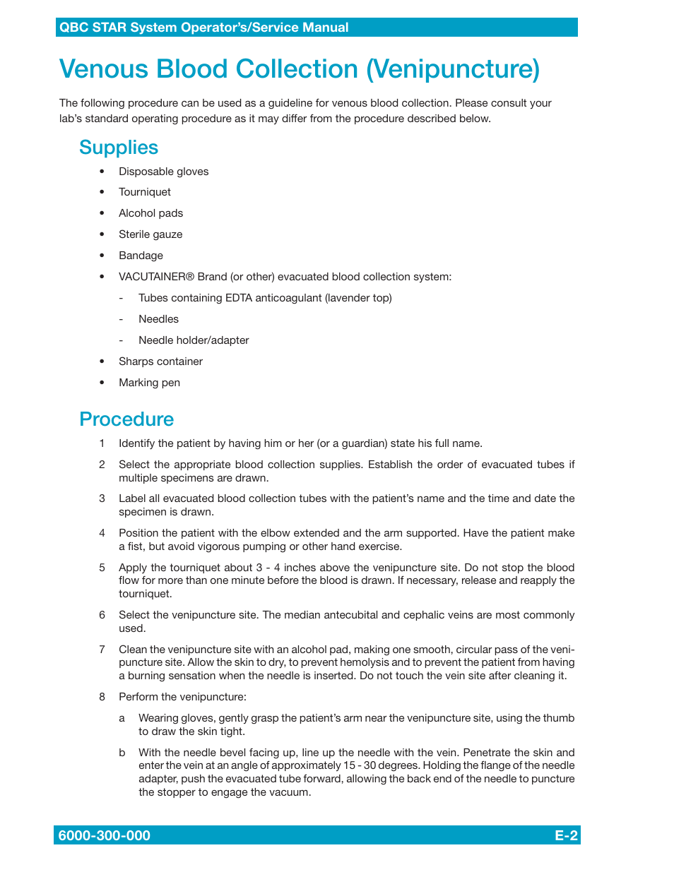 Venous blood collection (venipuncture), Supplies, Procedure | Drucker Diagnostics QBC STAR Dry Hematology Analyzer User Manual | Page 82 / 89