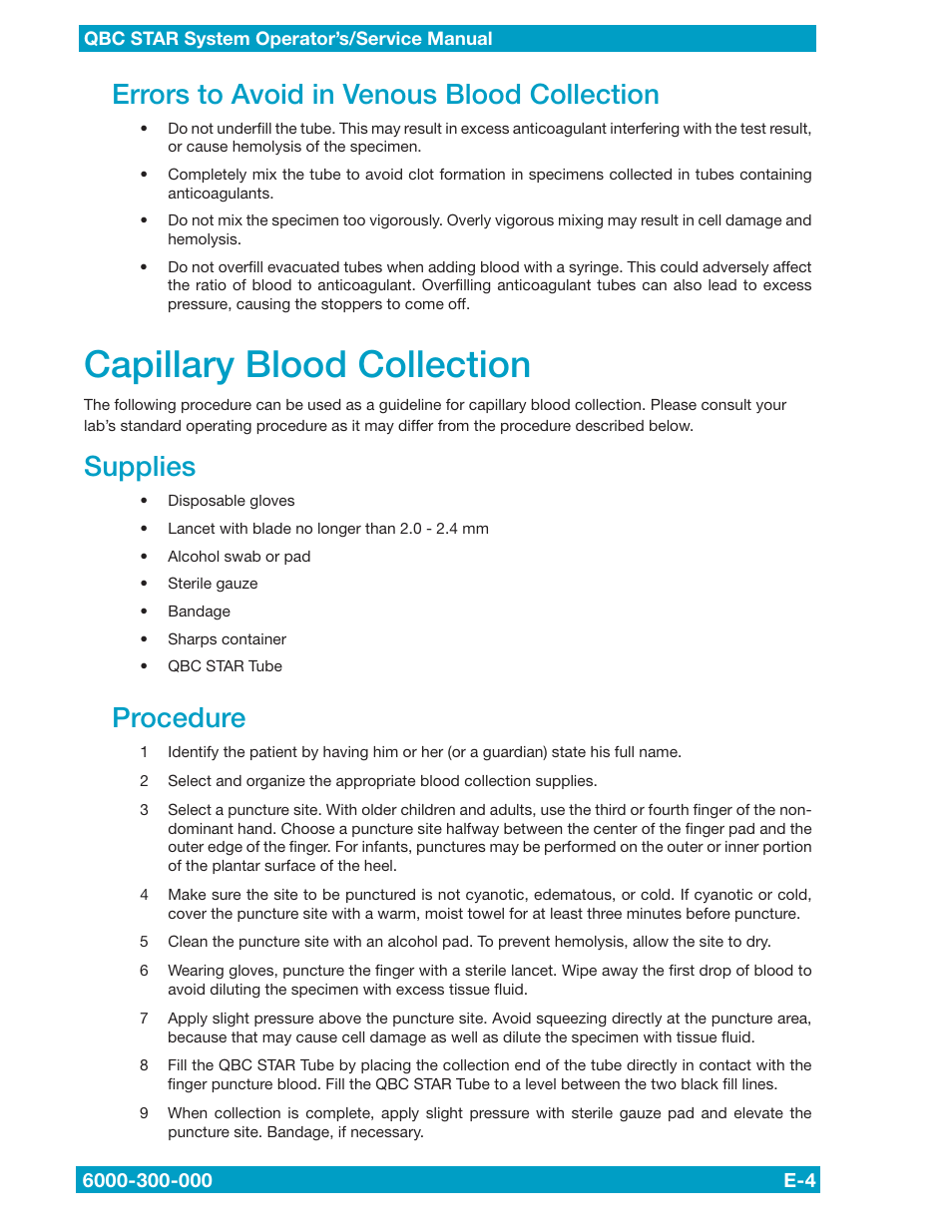 Capillary blood collection, Errors to avoid in venous blood collection, Supplies | Procedure | Drucker Diagnostics QBC STAR Dry Hematology Analyzer User Manual | Page 84 / 89
