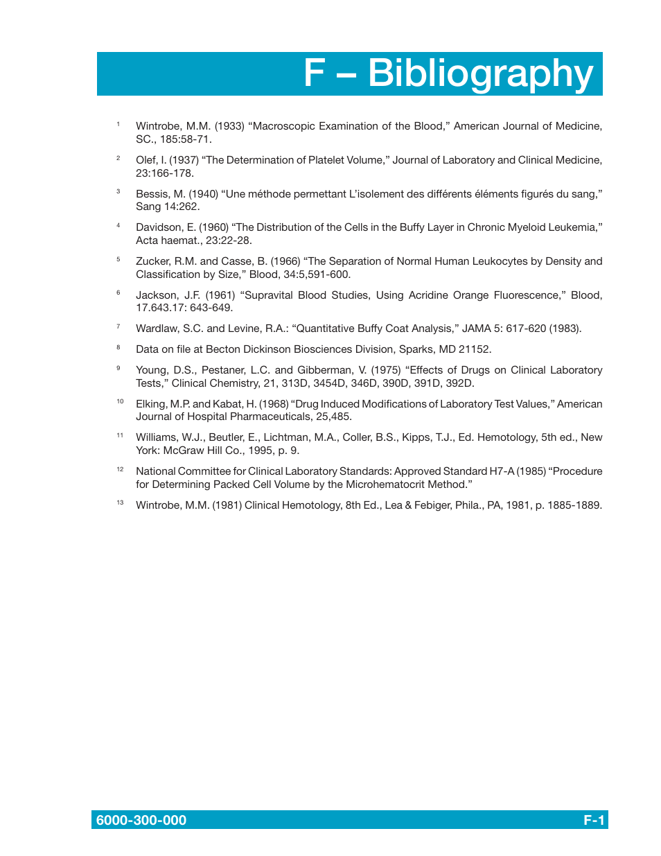 F – bibliography | Drucker Diagnostics QBC STAR Dry Hematology Analyzer User Manual | Page 87 / 89