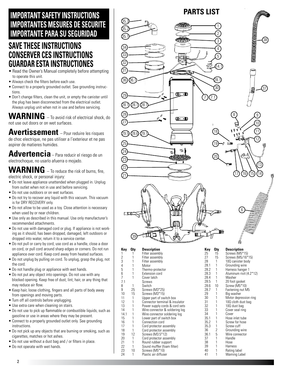 Warning, Avertissement, Advertencia | Parts list | Dustless HEPAPack User Manual | Page 2 / 4