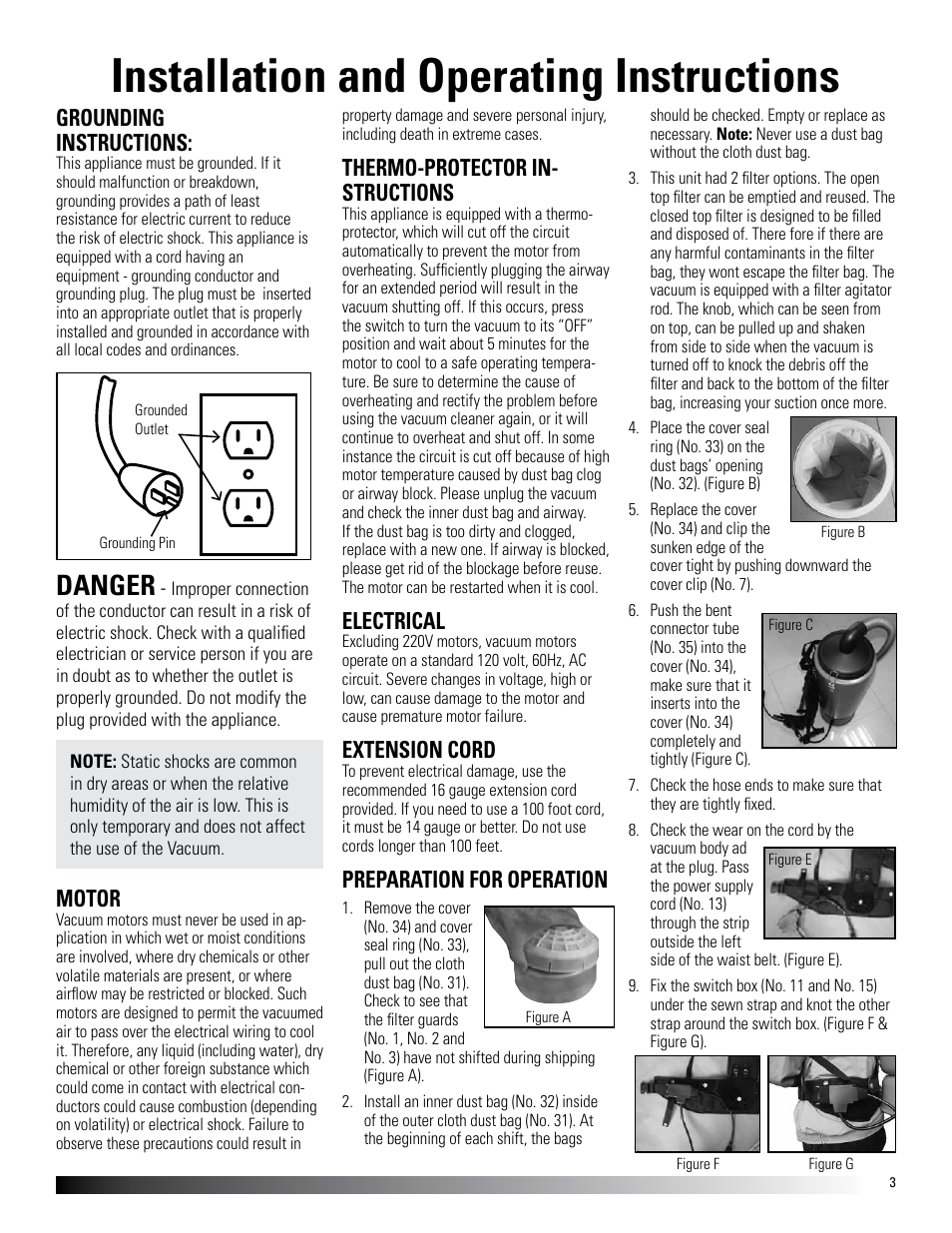 Installation and operating instructions, Danger, Grounding instructions | Motor, Thermo-protector in- structions, Electrical, Extension cord, Preparation for operation | Dustless HEPAPack User Manual | Page 3 / 4