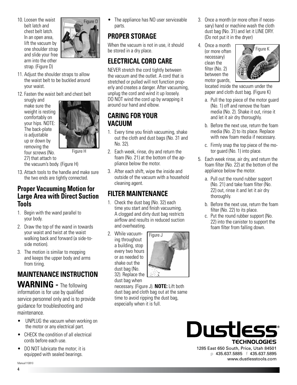 Warning, Maintenance instruction, Proper storage | Electrical cord care, Caring for your vacuum, Filter maintenance | Dustless HEPAPack User Manual | Page 4 / 4