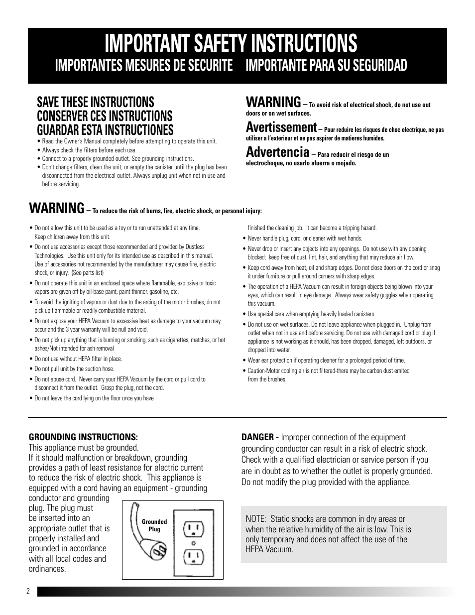 Important safety instructions, Warning, Avertissement | Advertencia | Dustless HEPA Kit 16006 User Manual | Page 2 / 8