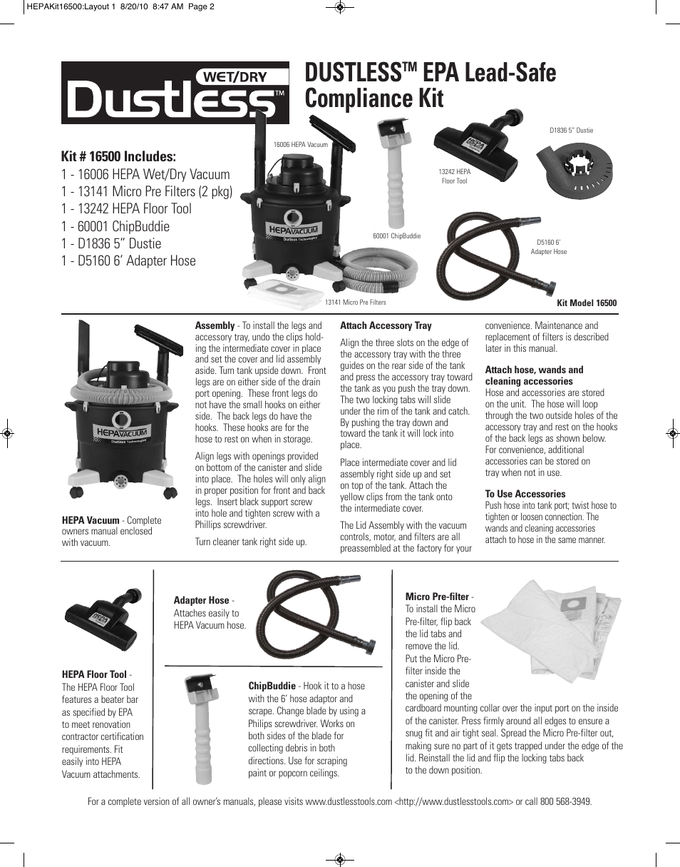 Dustless HEPA Kit 16500 User Manual | 2 pages