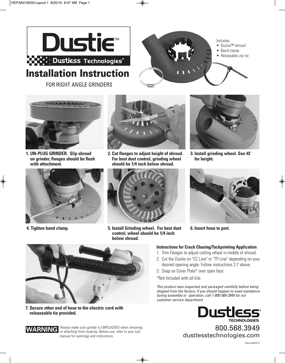 Installation instruction, Warning | Dustless HEPA Kit 16500 User Manual | Page 2 / 2