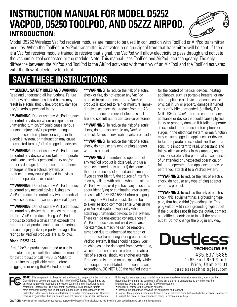 Dustless D5ZZZ AIRPOD User Manual | 2 pages
