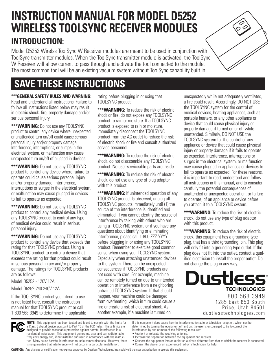 Dustless D5252 TOOLSYNC User Manual | 2 pages