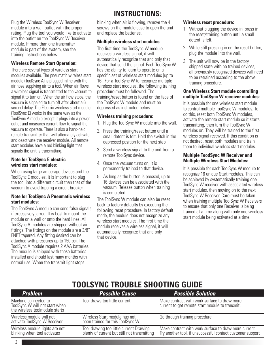 Toolsync trouble shooting guide, Instructions | Dustless D5252 TOOLSYNC User Manual | Page 2 / 2