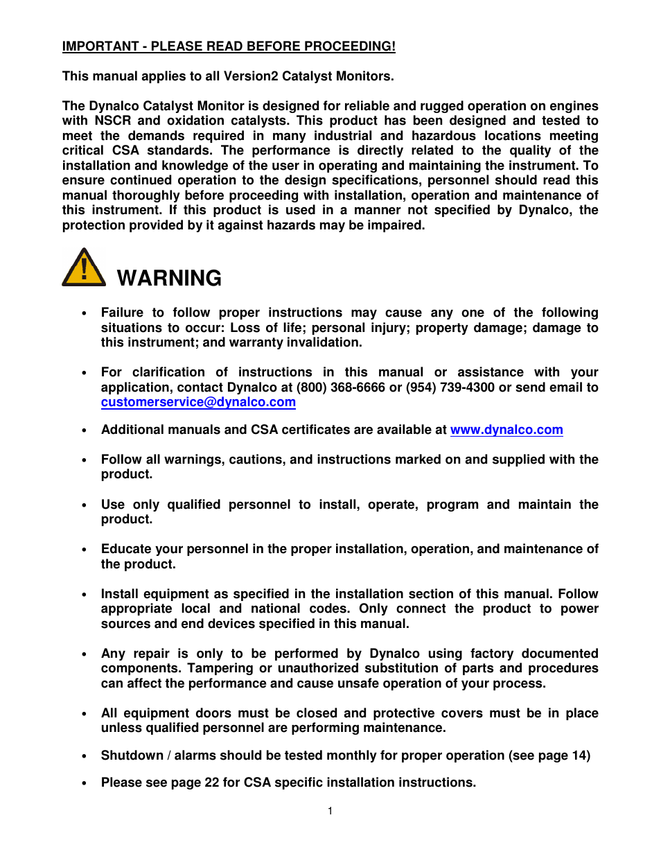 Warning | Dynalco Catalyst Monitor User Manual | Page 2 / 26
