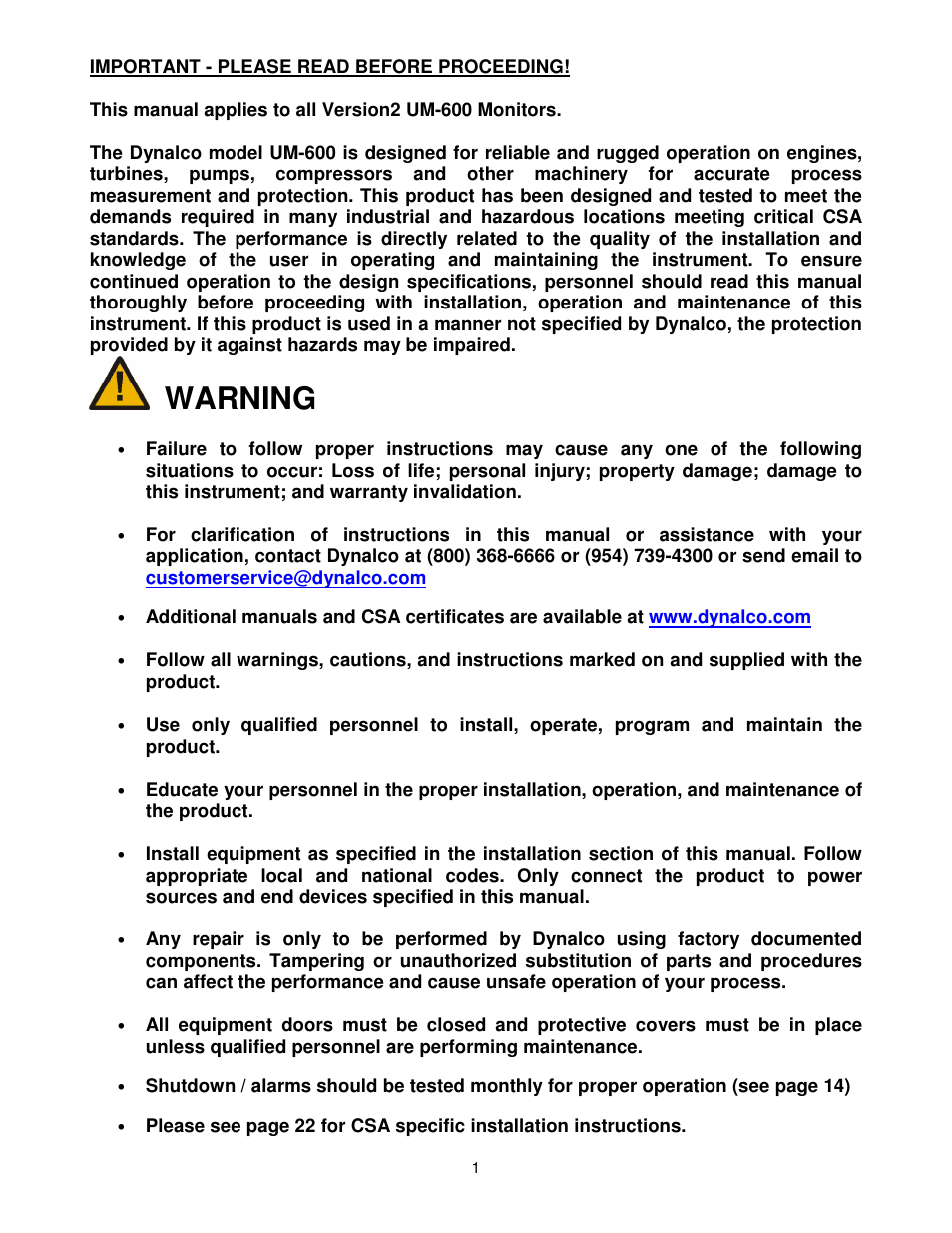 Warning | Dynalco UM-600 Universal Monitor User Manual | Page 2 / 23