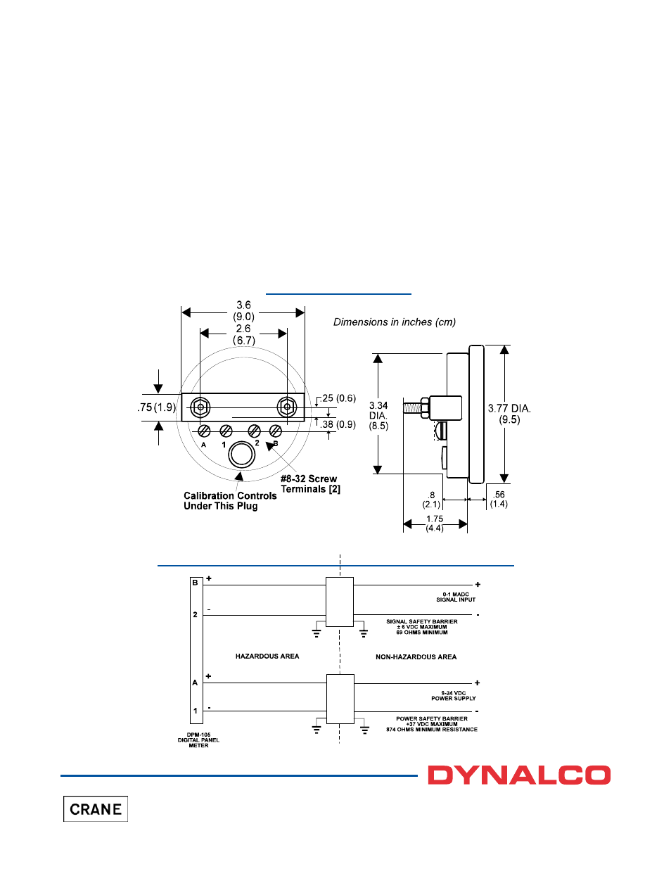 Specifications, Outline drawing, Wiring connections for intrinsic safety | Dynalco DPM-105 Panel Meter User Manual | Page 2 / 2