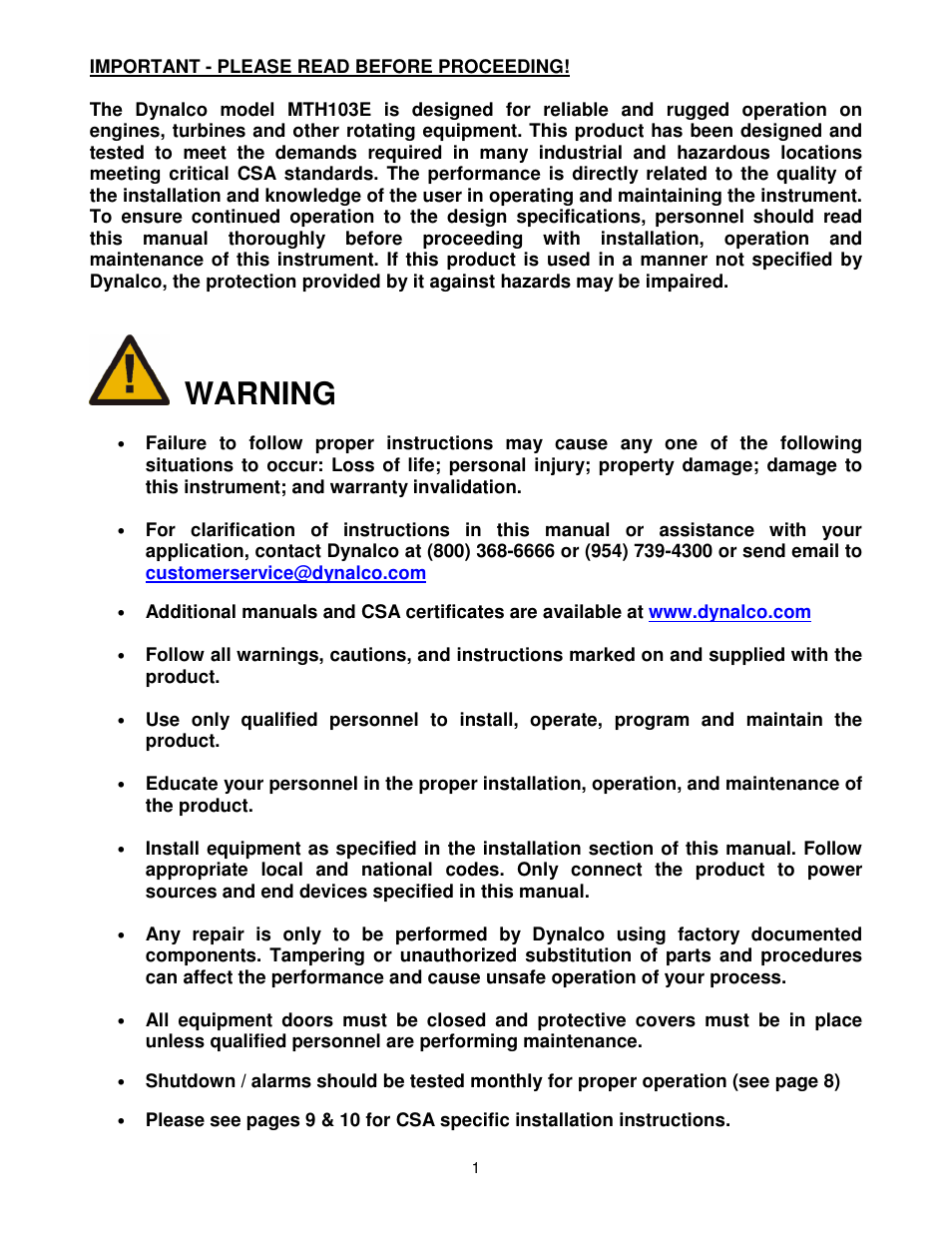 Warning | Dynalco MTH-103E Tachometer / Hourmeter / Overspeed Trip User Manual | Page 2 / 11