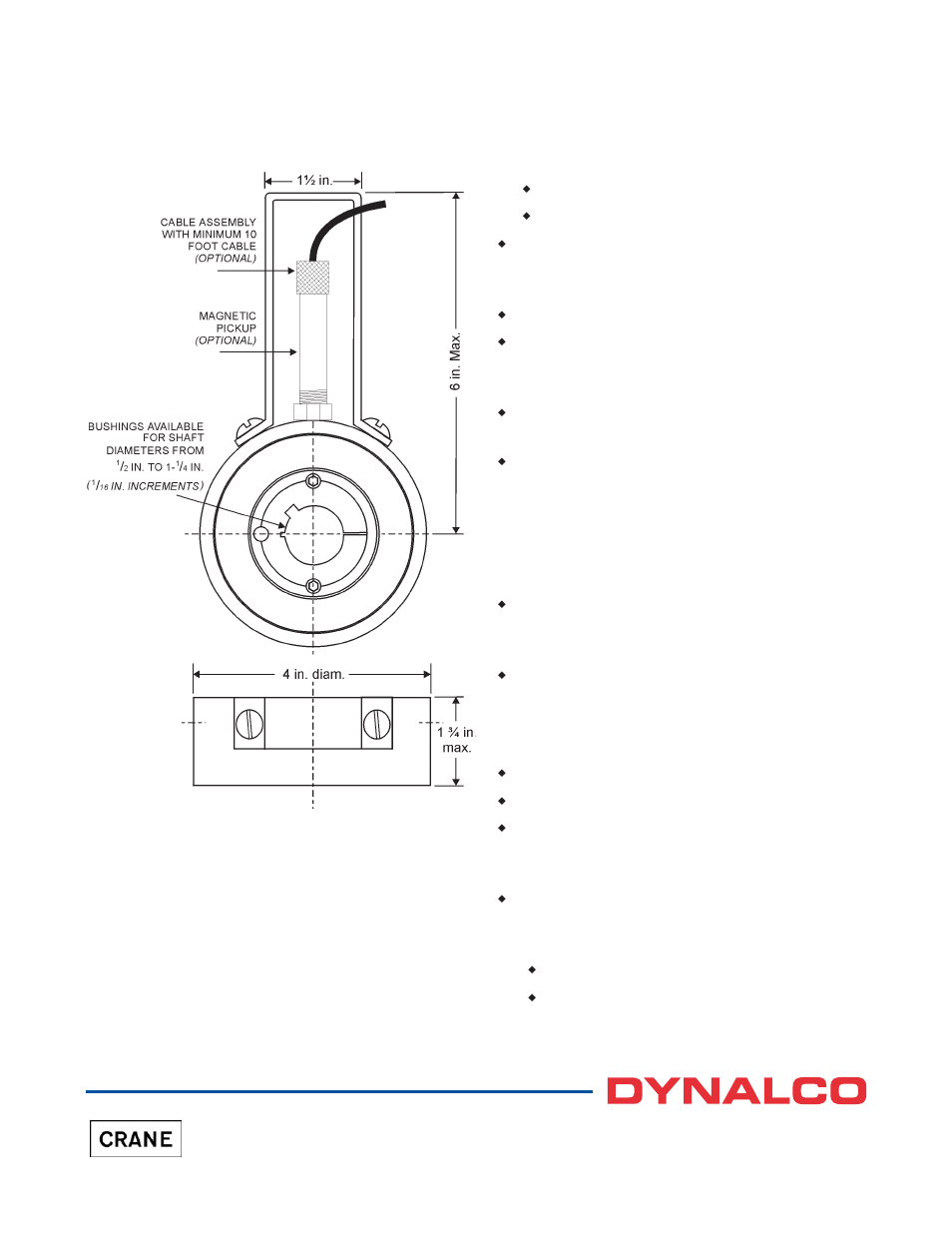 Bushing dimensions, Pg-100 rpm pulser weight | Dynalco PG-100 Pulser User Manual | Page 2 / 2