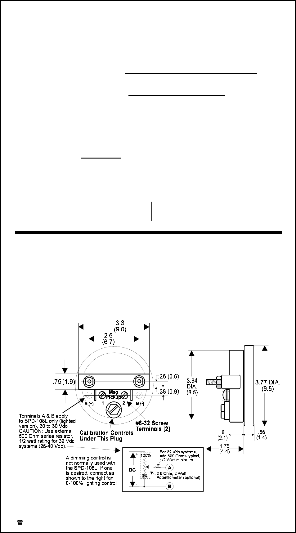 Outline and connection drawing, Inches (cm), Calculating signal frequency (in hz) | Calculating gate time (in seconds), Gate time range selection on 4-position switch | Dynalco SPD-108L Tachometer User Manual | Page 2 / 2