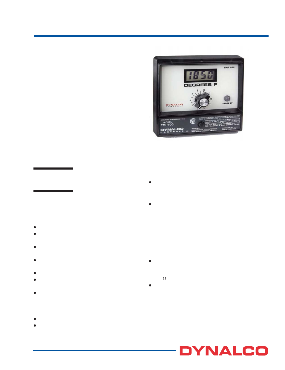 Dynalco TMP-100 Temperature Monitor User Manual | 2 pages