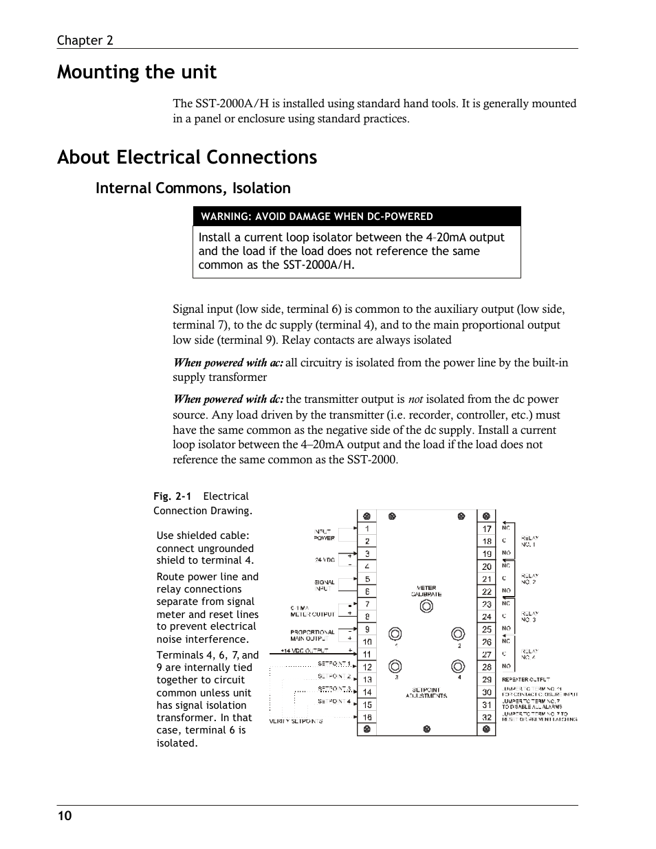 Mounting the unit, About electrical connections, Internal commons, isolation | Dynalco SST-2400H Speed Switch/Transmitter User Manual | Page 12 / 33