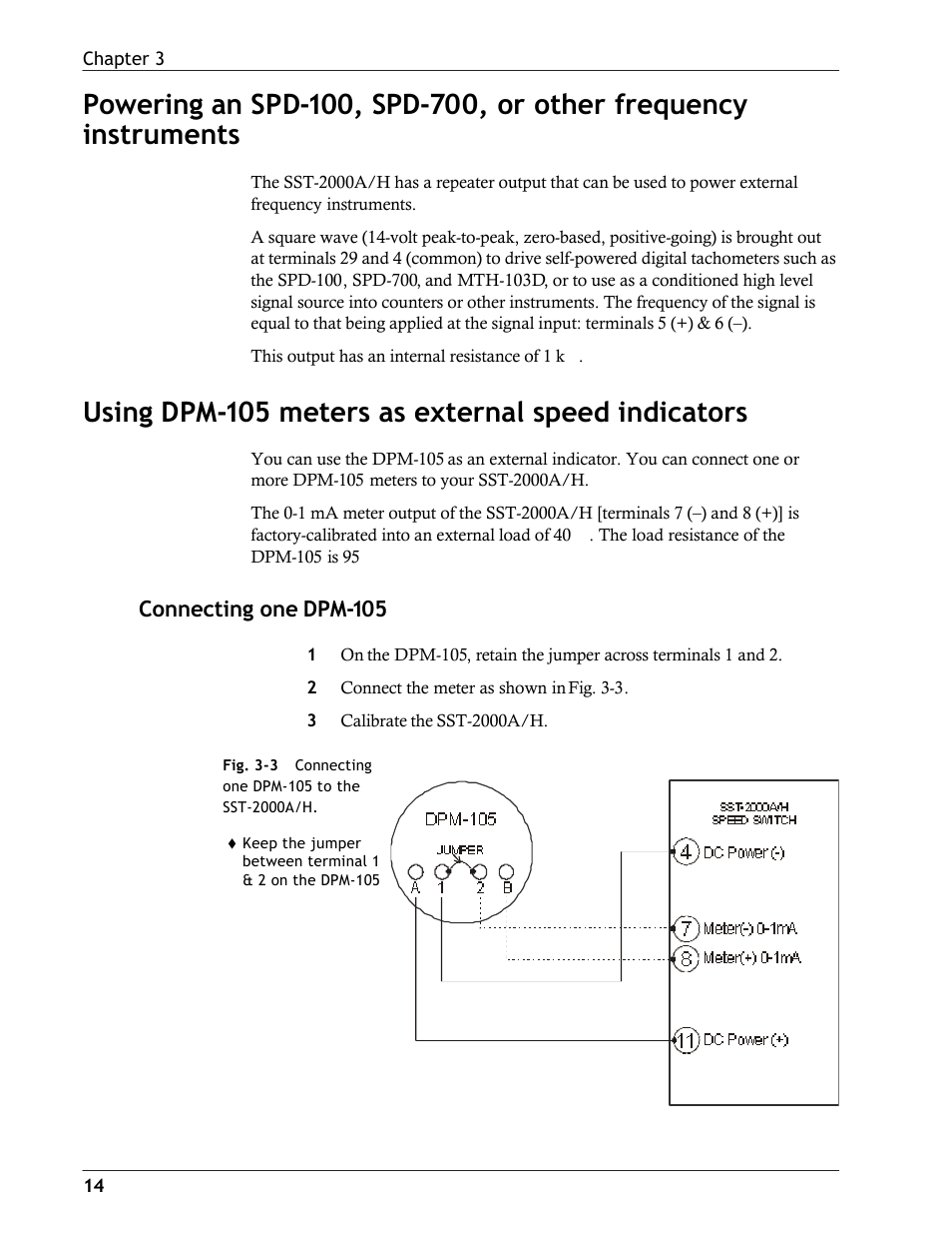 Using dpm-105 meters as external speed indicators, Connecting one dpm-105 | Dynalco SST-2400H Speed Switch/Transmitter User Manual | Page 15 / 33