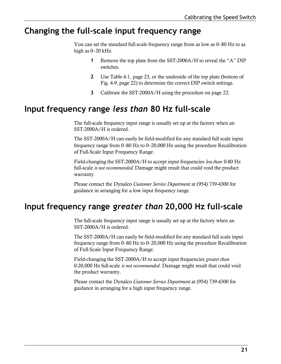 Changing the full-scale input frequency range, Input frequency range less than 80 hz full-scale | Dynalco SST-2400H Speed Switch/Transmitter User Manual | Page 21 / 33
