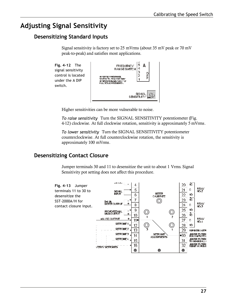 Adjusting signal sensitivity, Desensitizing standard inputs, Desensitizing contact closure | Dynalco SST-2400H Speed Switch/Transmitter User Manual | Page 27 / 33