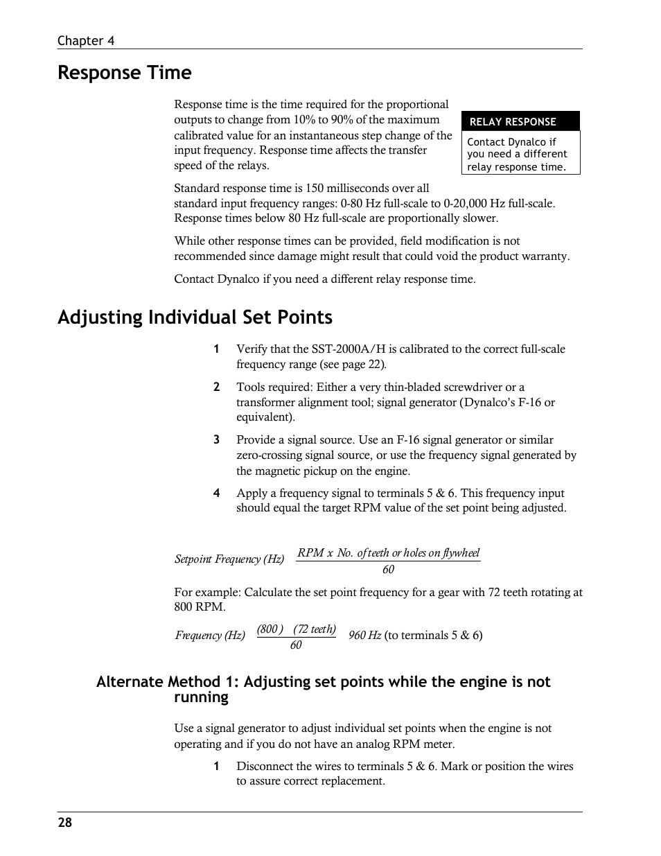 Response time, Adjusting individual set points | Dynalco SST-2400H Speed Switch/Transmitter User Manual | Page 28 / 33