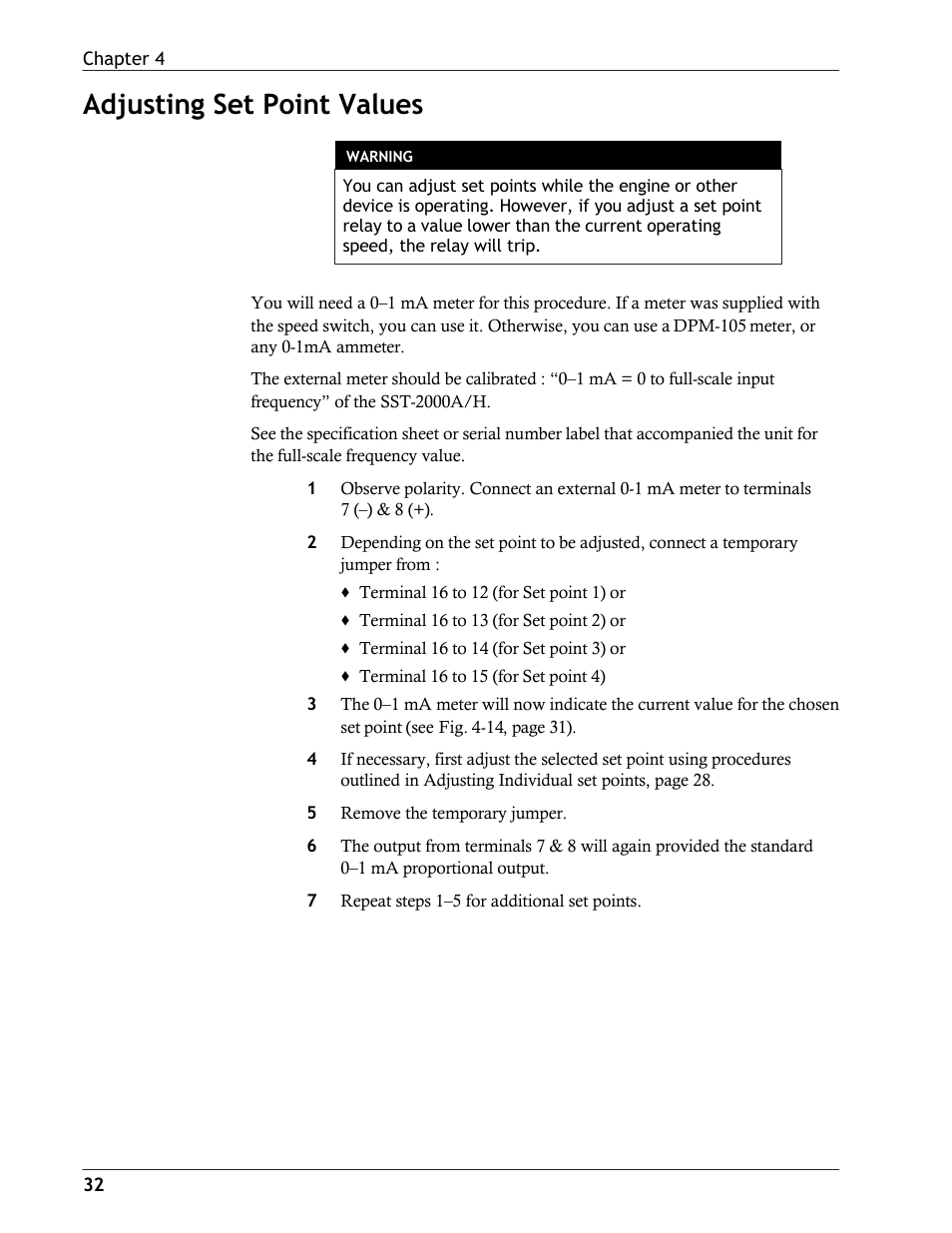 Adjusting set point values | Dynalco SST-2400H Speed Switch/Transmitter User Manual | Page 32 / 33