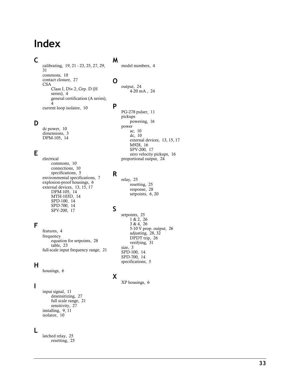 Index | Dynalco SST-2400H Speed Switch/Transmitter User Manual | Page 33 / 33