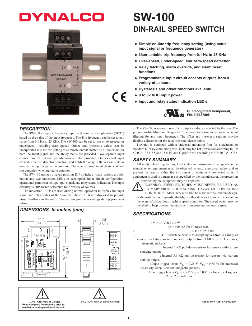 Sw-100, Din-rail speed switch, Description | Safety summary, Specifications, Dimensions in inches (mm) | Dynalco SW-100 Speed Switch User Manual | Page 2 / 9