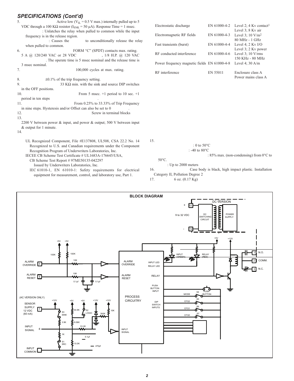Specifications (cont’d) | Dynalco SW-100 Speed Switch User Manual | Page 3 / 9