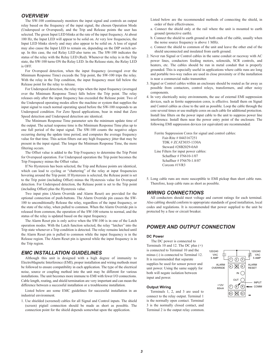 Overview, Emc installation guidelines, Wiring connections | Power and output connection | Dynalco SW-100 Speed Switch User Manual | Page 4 / 9