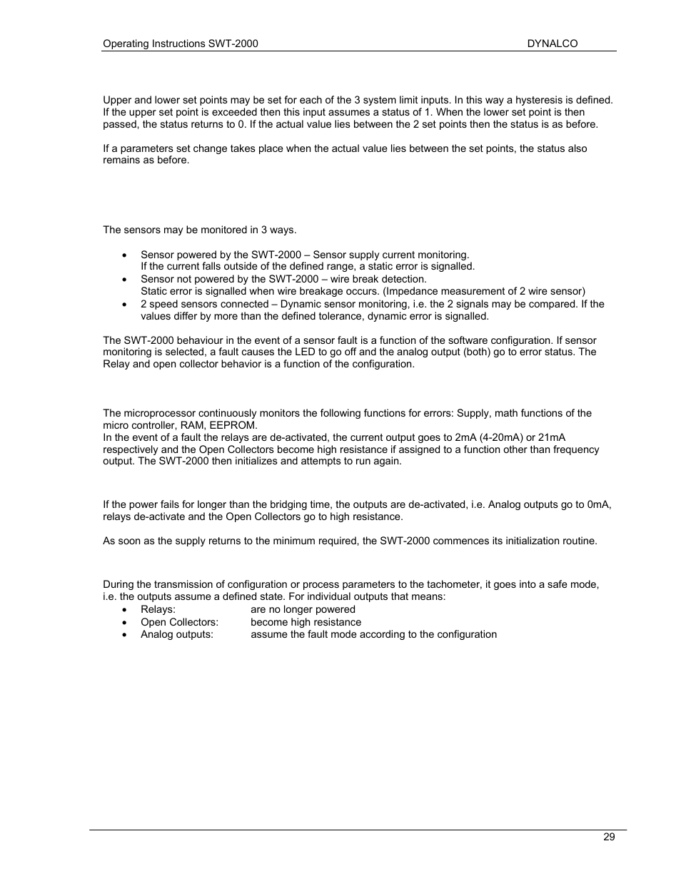 4 fault behavior, 5 power failure, 6 behavior during configuration | Dynalco SWT-2000 Speed Switch/Speed Transmitter User Manual | Page 33 / 35