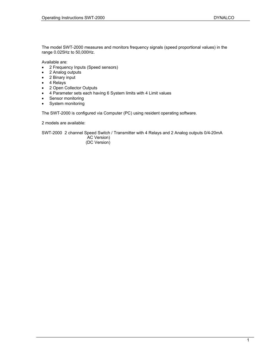 Product features | Dynalco SWT-2000 Speed Switch/Speed Transmitter User Manual | Page 5 / 35