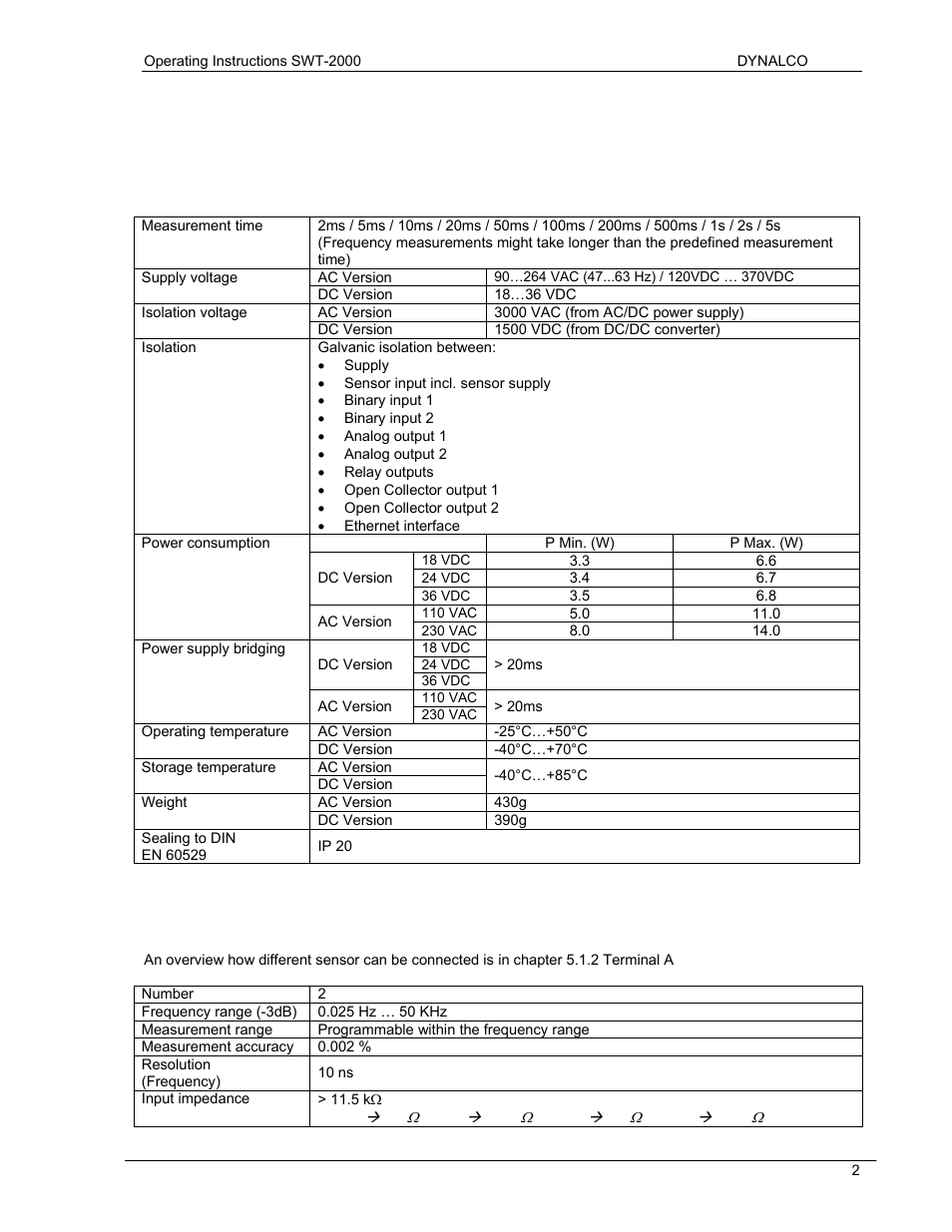 Specifications, 1 general, 2 inputs | Dynalco SWT-2000 Speed Switch/Speed Transmitter User Manual | Page 6 / 35