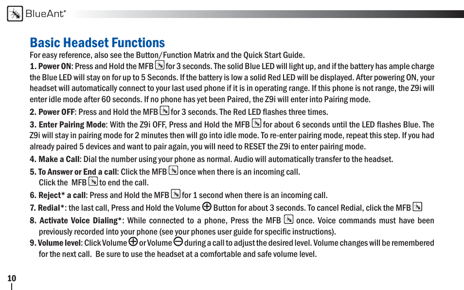 Basic headset functions | BlueAnt Z9i Bluetooth Headset User Manual | Page 10 / 68