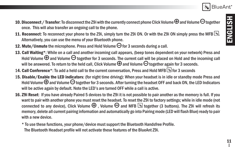 English | BlueAnt Z9i Bluetooth Headset User Manual | Page 11 / 68