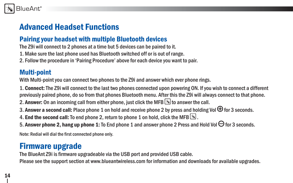 Advanced headset functions, Firmware upgrade | BlueAnt Z9i Bluetooth Headset User Manual | Page 14 / 68