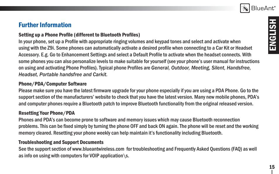 English | BlueAnt Z9i Bluetooth Headset User Manual | Page 15 / 68