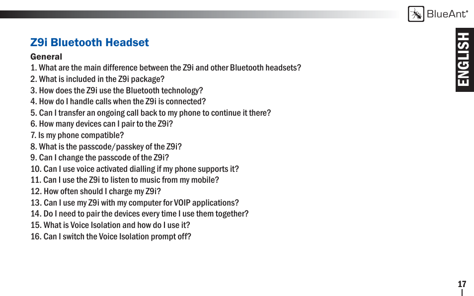 English | BlueAnt Z9i Bluetooth Headset User Manual | Page 17 / 68