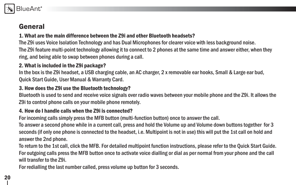BlueAnt Z9i Bluetooth Headset User Manual | Page 20 / 68