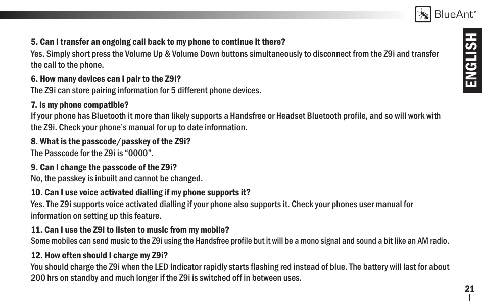 English | BlueAnt Z9i Bluetooth Headset User Manual | Page 21 / 68