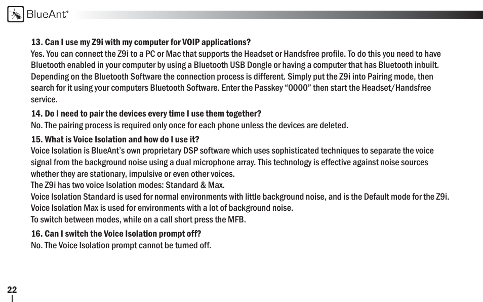 BlueAnt Z9i Bluetooth Headset User Manual | Page 22 / 68