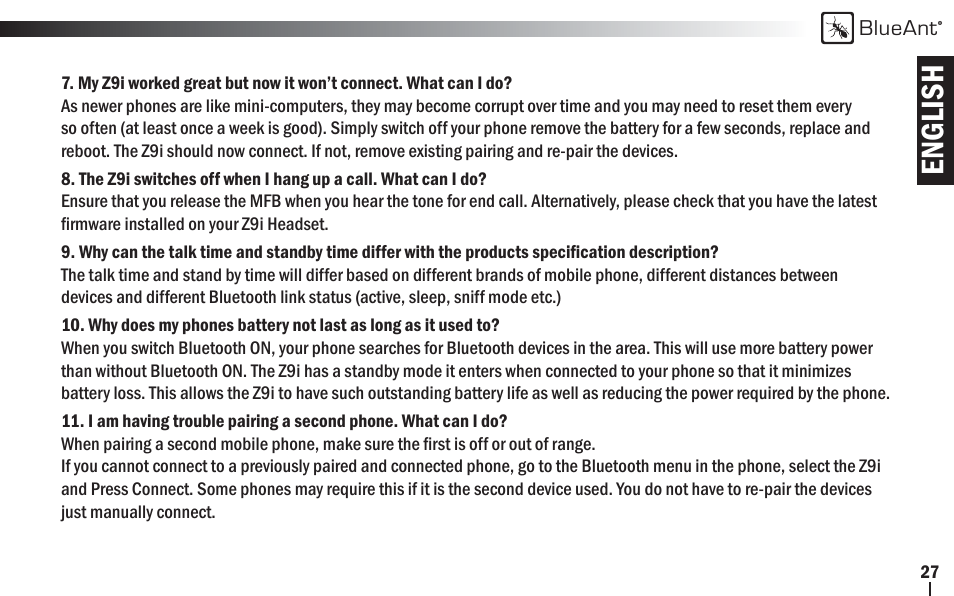 English | BlueAnt Z9i Bluetooth Headset User Manual | Page 27 / 68