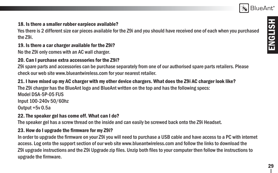 English | BlueAnt Z9i Bluetooth Headset User Manual | Page 29 / 68