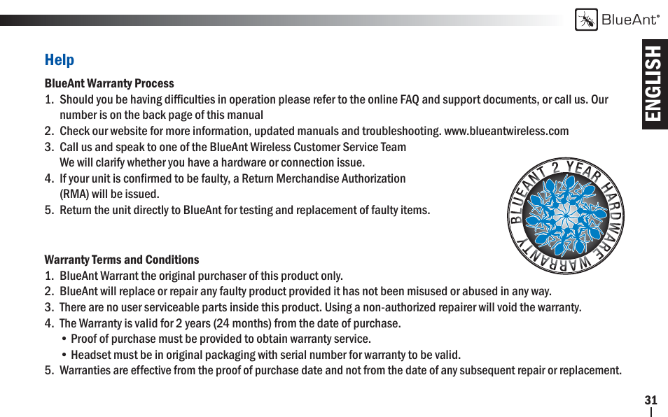 English | BlueAnt Z9i Bluetooth Headset User Manual | Page 31 / 68