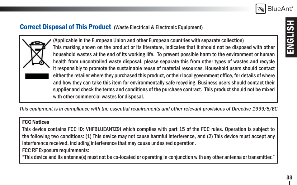 English | BlueAnt Z9i Bluetooth Headset User Manual | Page 33 / 68
