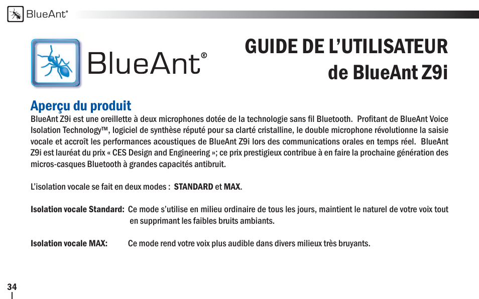 Guide de l’utilisateur de blueant z9i, Aperçu du produit | BlueAnt Z9i Bluetooth Headset User Manual | Page 34 / 68