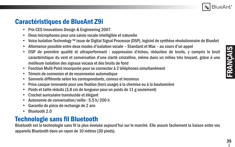Français | BlueAnt Z9i Bluetooth Headset User Manual | Page 35 / 68