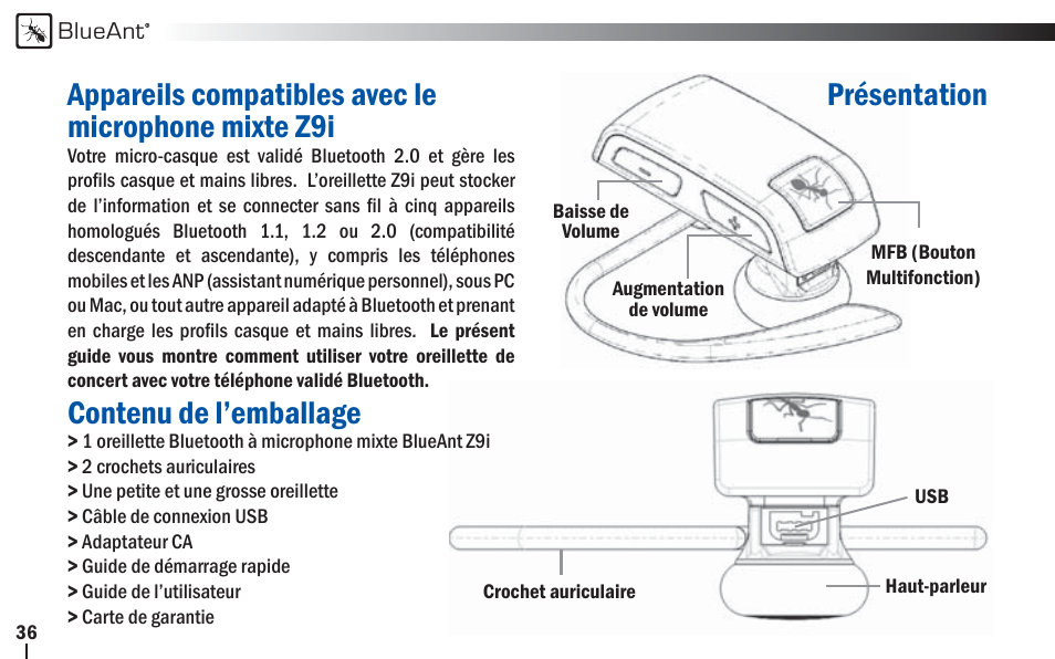 Appareils compatibles avec le microphone mixte z9i, Contenu de l’emballage, Présentation | BlueAnt Z9i Bluetooth Headset User Manual | Page 36 / 68
