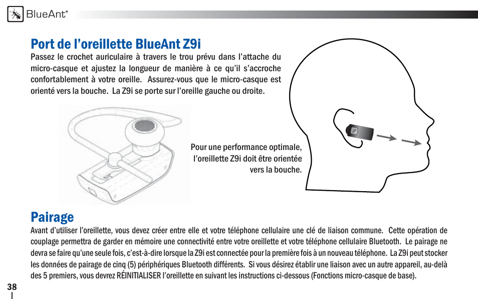 Port de l’oreillette blueant z9i, Pairage | BlueAnt Z9i Bluetooth Headset User Manual | Page 38 / 68